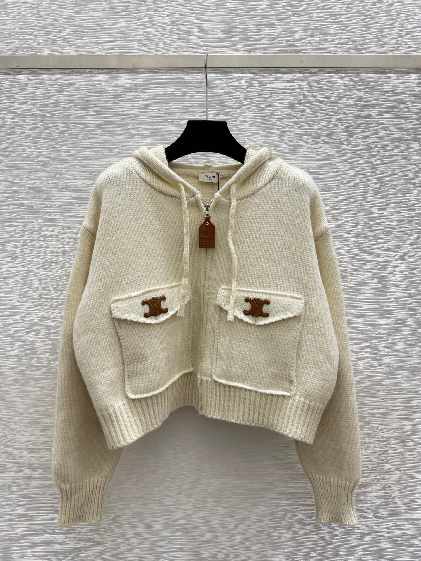 CE 26FW Cropped Knit Zip-Up Hoodie Triomphe Logo Flap Pockets Heather Wool 313322