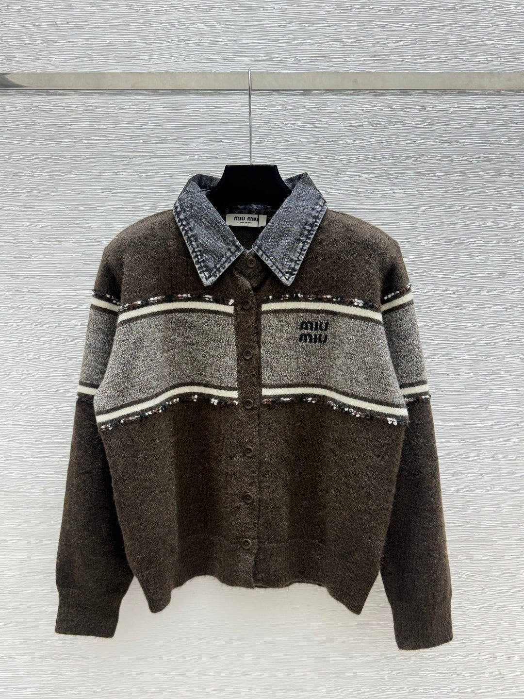 Miu 26FW Collared Cashmere Cardigan Denim Collar Striped Embellishments Ash Wool 313354