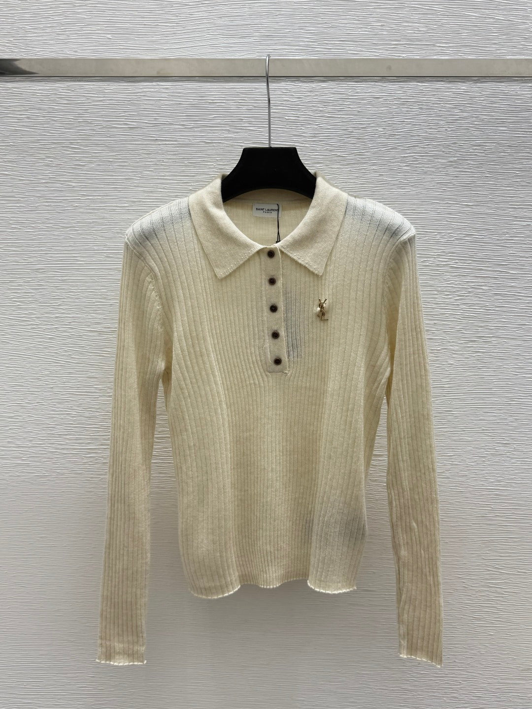 YSL 26FW Ribbed Knit Polo Sweater Gold-Tone YSL Logo Wool 313375