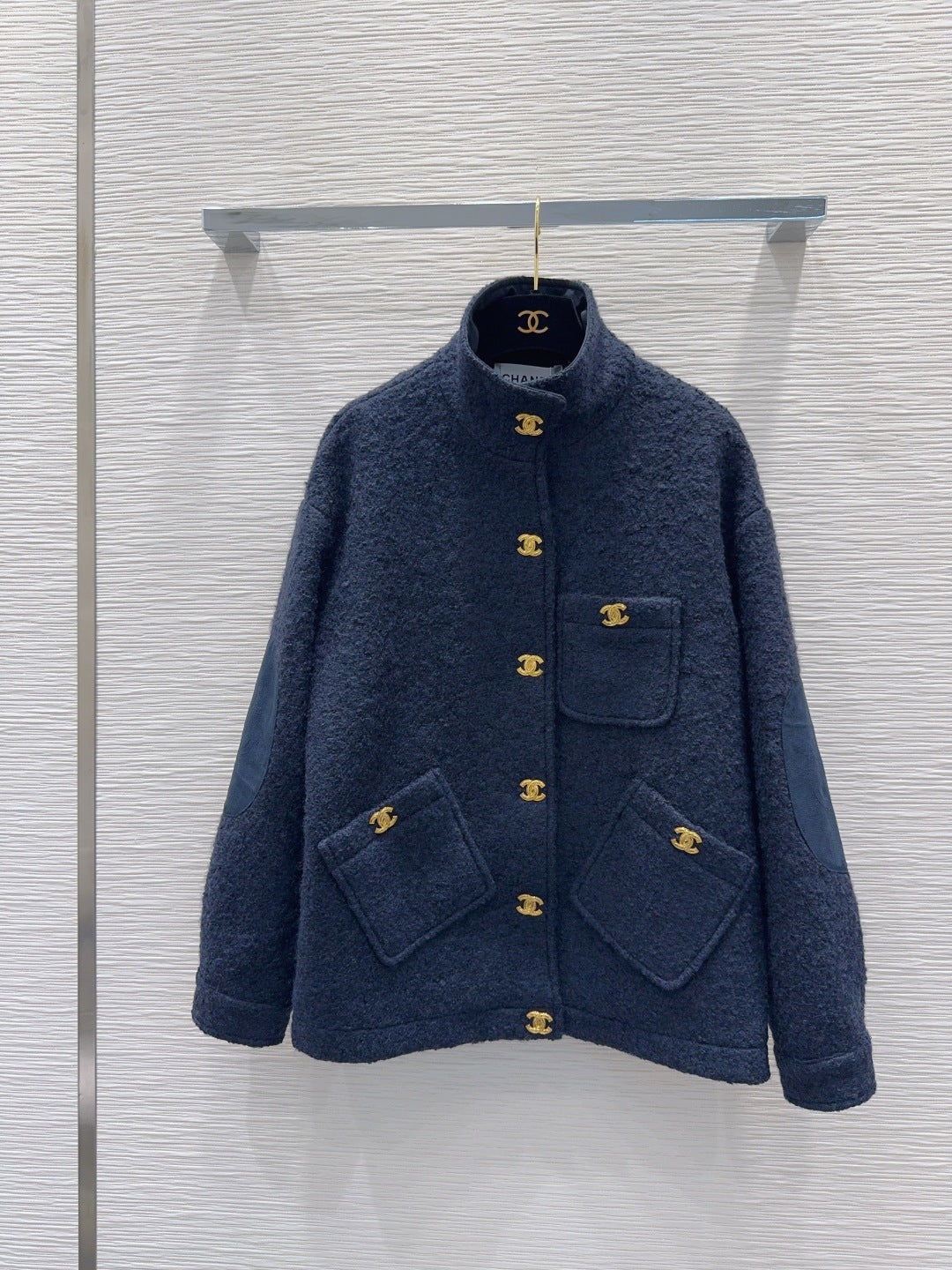 Chanel 26s Beige/Navy Blue Wool Polyamide Standing Collar Jacket 447512