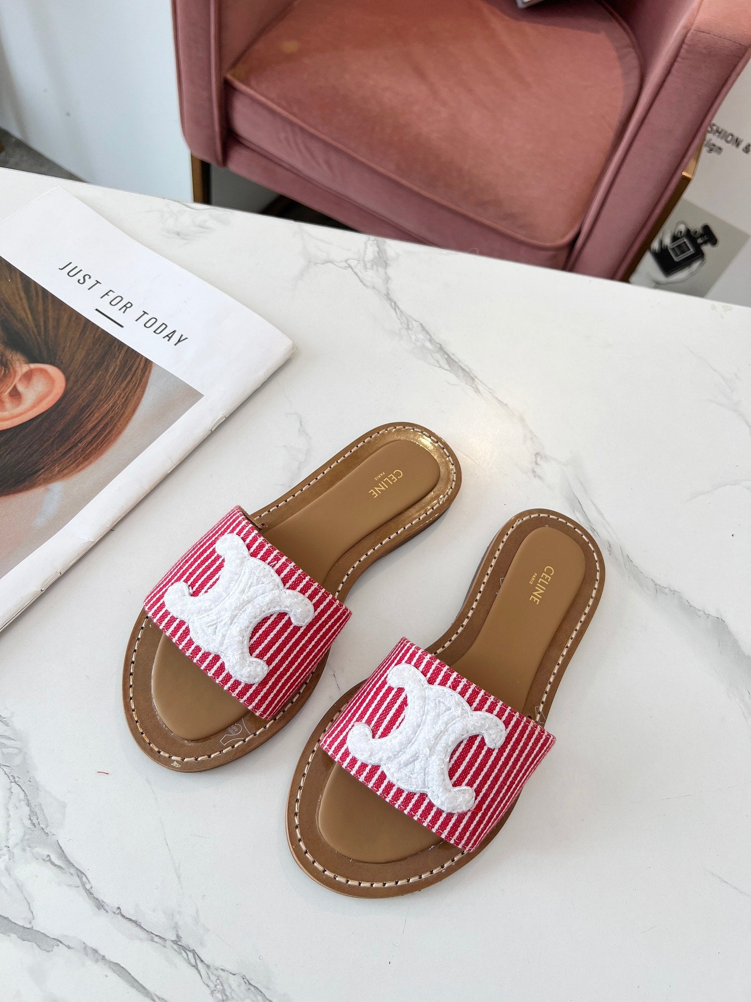 Celine 26s Slip-on Sandals Cotton Leather 982665