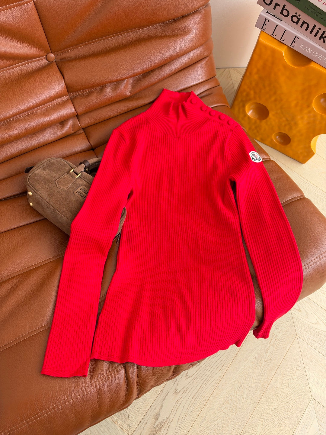 Moncler 26s Buttoned Shoulder Ribbed Knit Sweater Black Red 445049