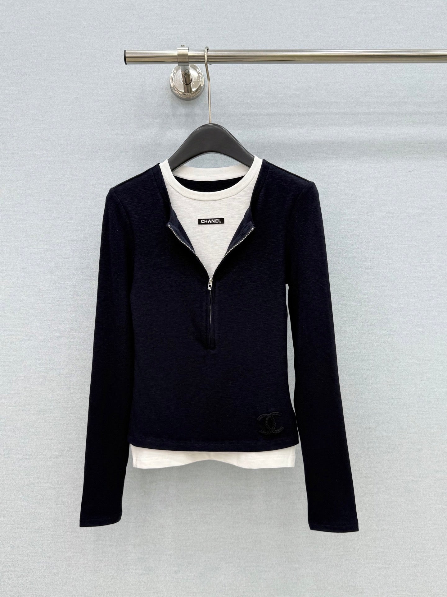 Chanel 26s Grey / Black Zip-Up Knit Mock-Two-Piece Top 447683