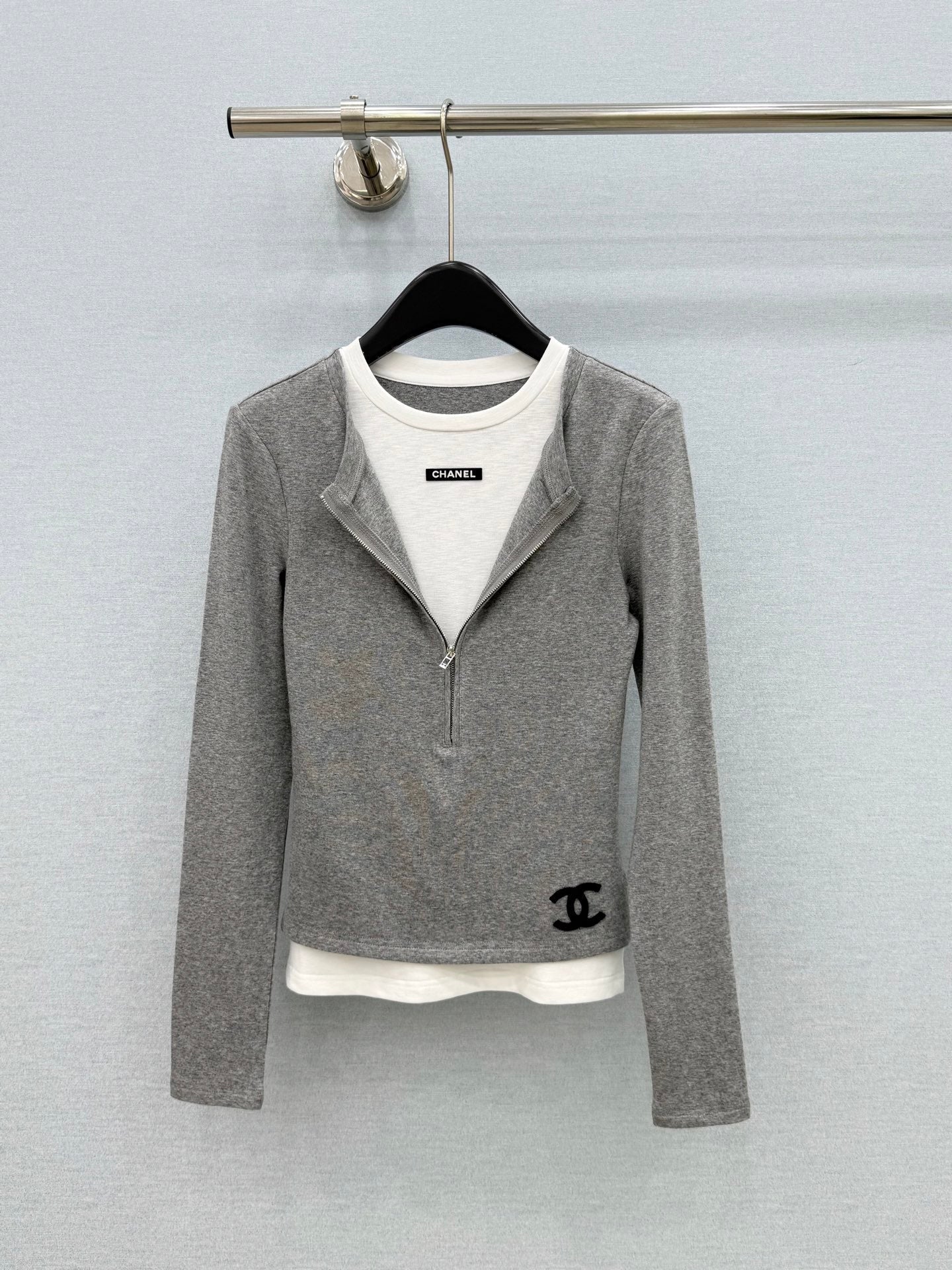 Chanel 26s Grey / Black Zip-Up Knit Mock-Two-Piece Top 447683