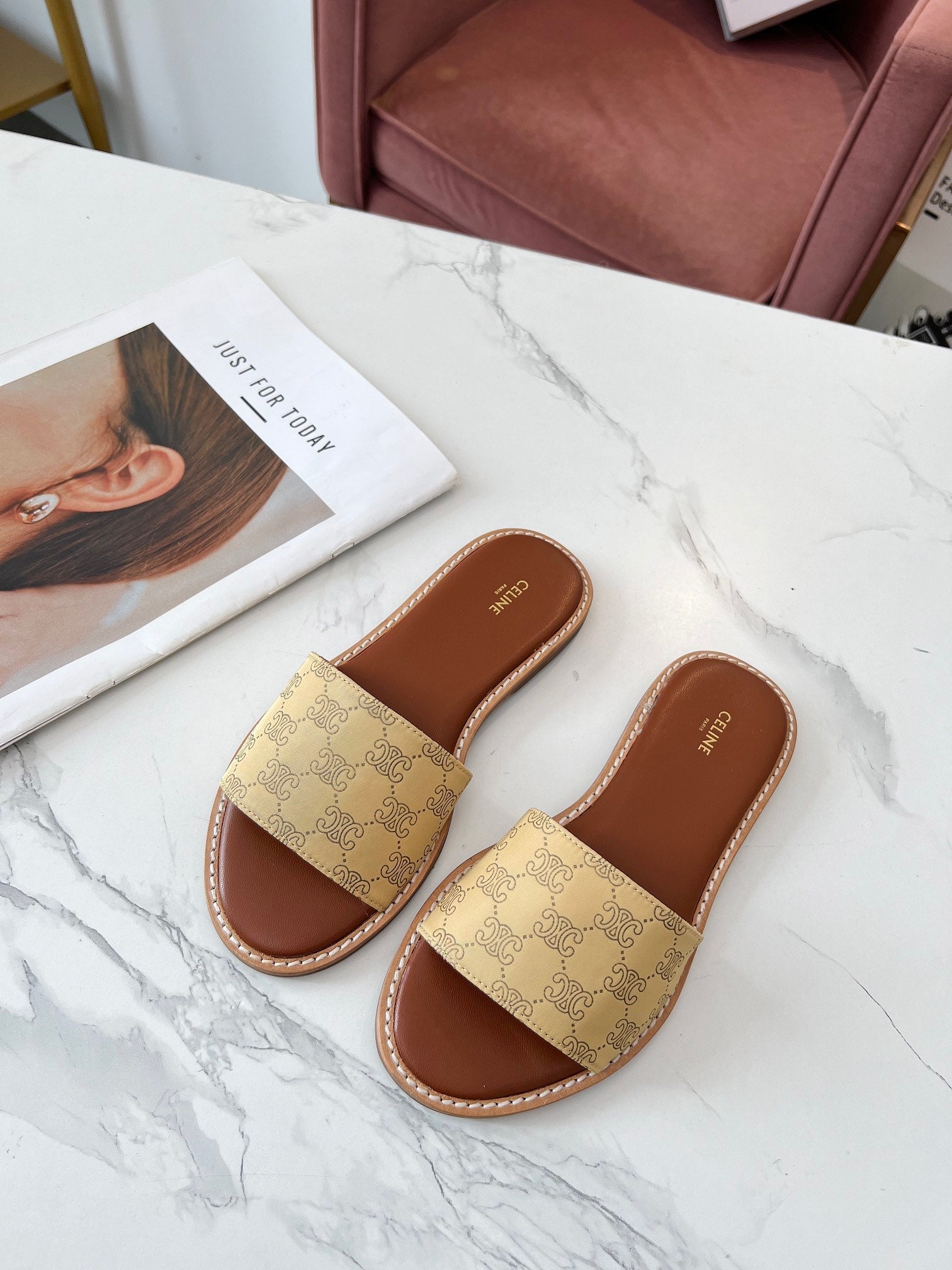 Celine 26s Slip-on Sandals Silk Fabric Leather 982645